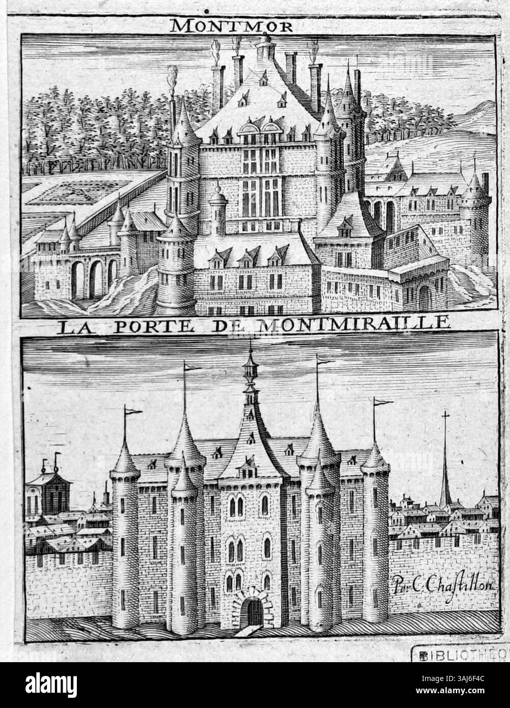 Claude Chastillon (1559-1616) a réalisé cette gravure de Montmor, capturant l'essence de la ville avec des détails historiques et géographiques dérivés d'une estampe antérieure. Banque D'Images
