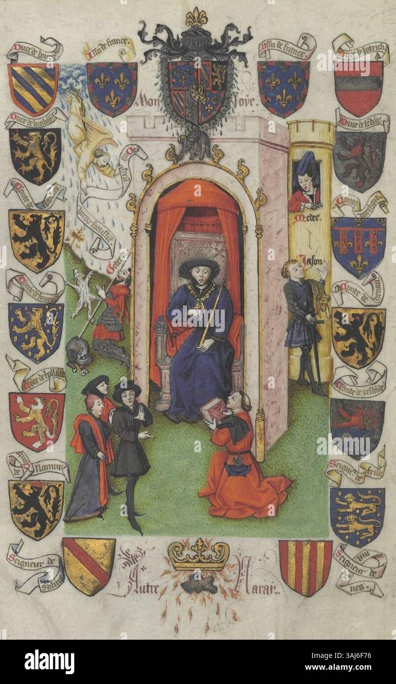 Champion des Dames (1451) est un manuscrit enluminé par le Maître du Missal de Paul Beye. Il présente la littérature médiévale française et est dédié aux nobles dames de l'époque, reflétant les thèmes des idéaux chevaleresques et de l'amour courtois. Banque D'Images