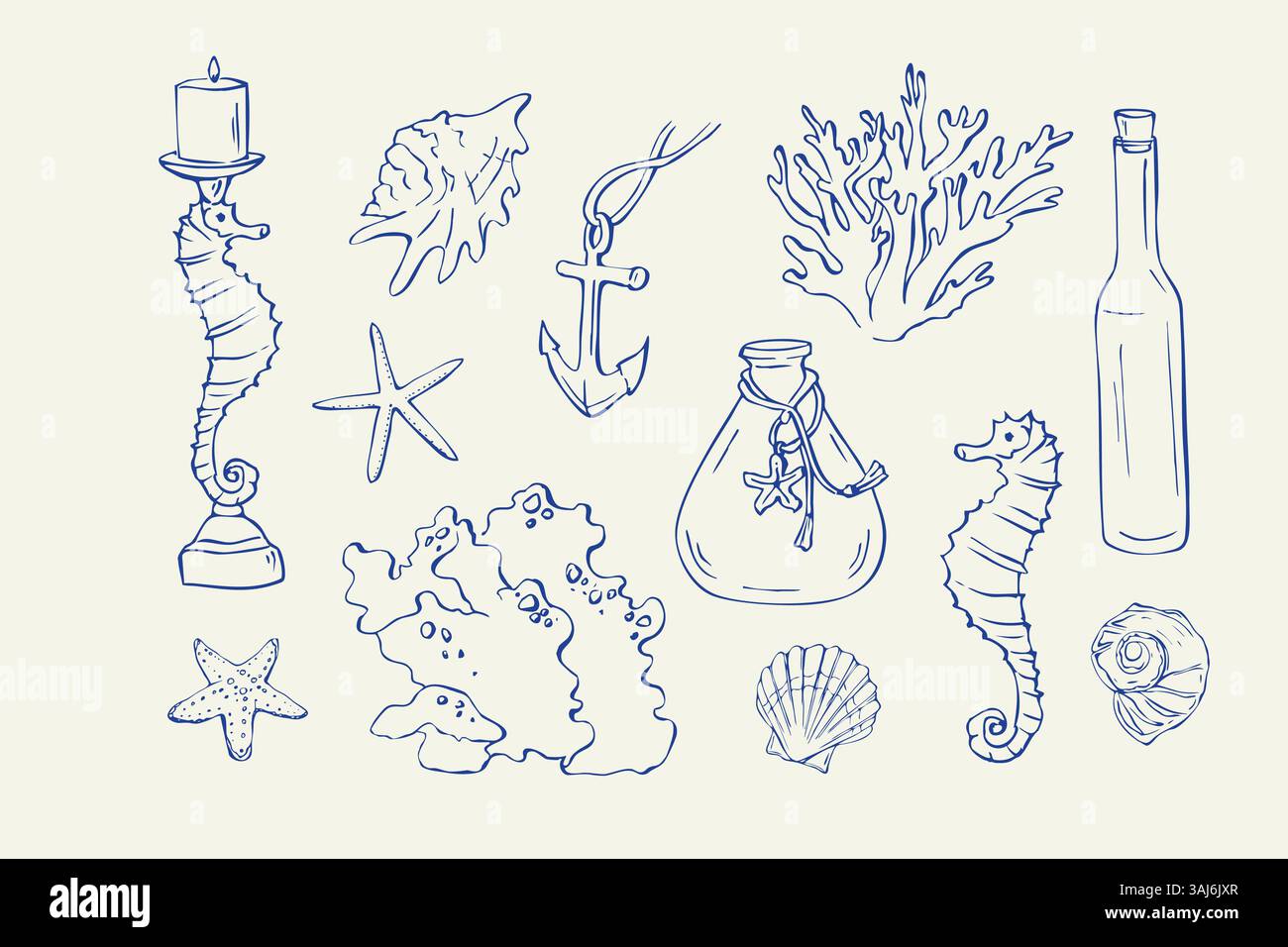 ensemble de doodles de mer dessinés à la main bleu Illustration de Vecteur