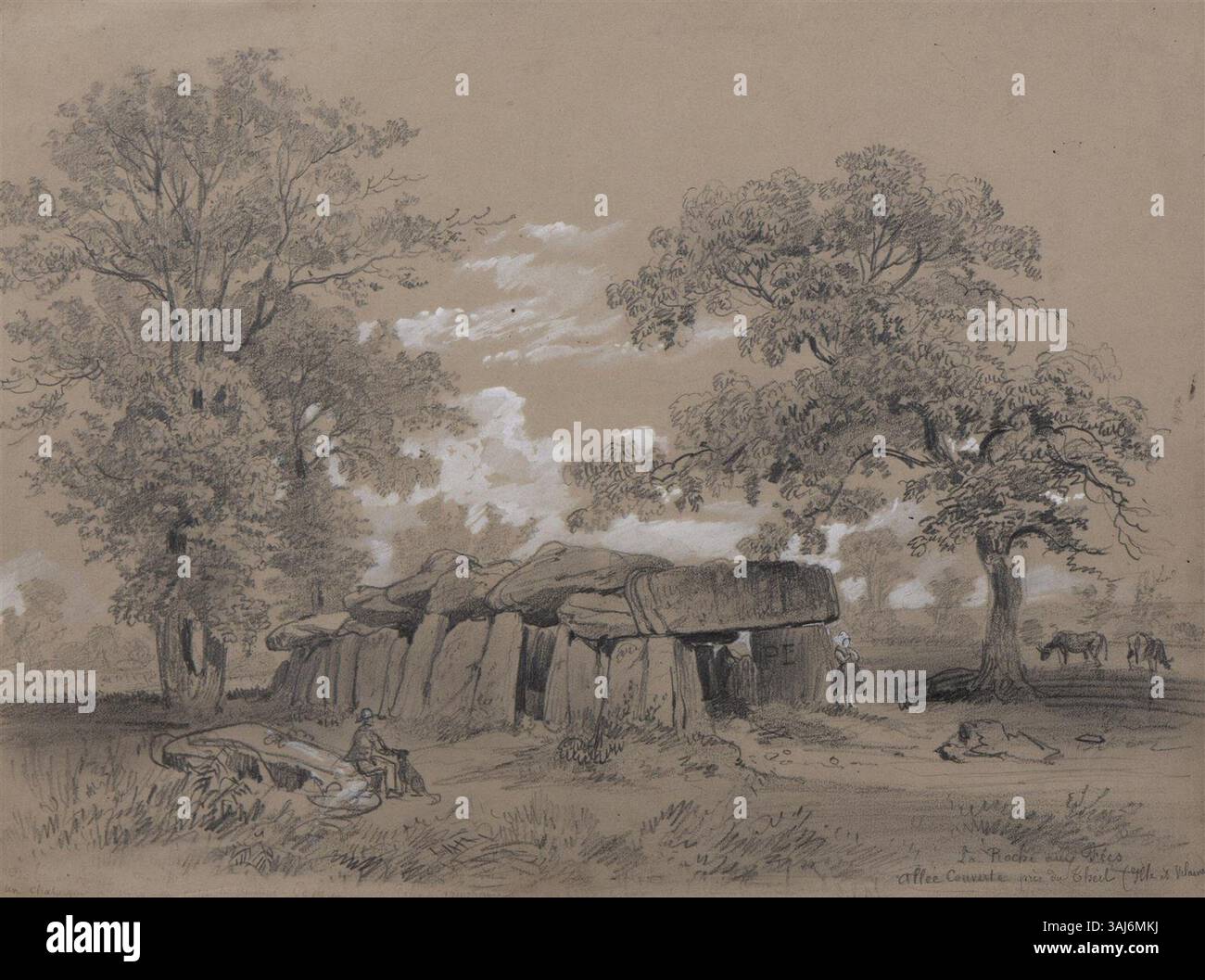 Ce dessin de Félix Benoist, réalisé entre 1850 et 1860, représente la Roche aux fées, un site mégalithique en Bretagne. L’image montre l’allée couverte, utilisant du graphite et de la craie blanche, illustrant la structure et les environs du site au XIXe siècle. Il reflète l'importance historique et culturelle de l'emplacement. Banque D'Images