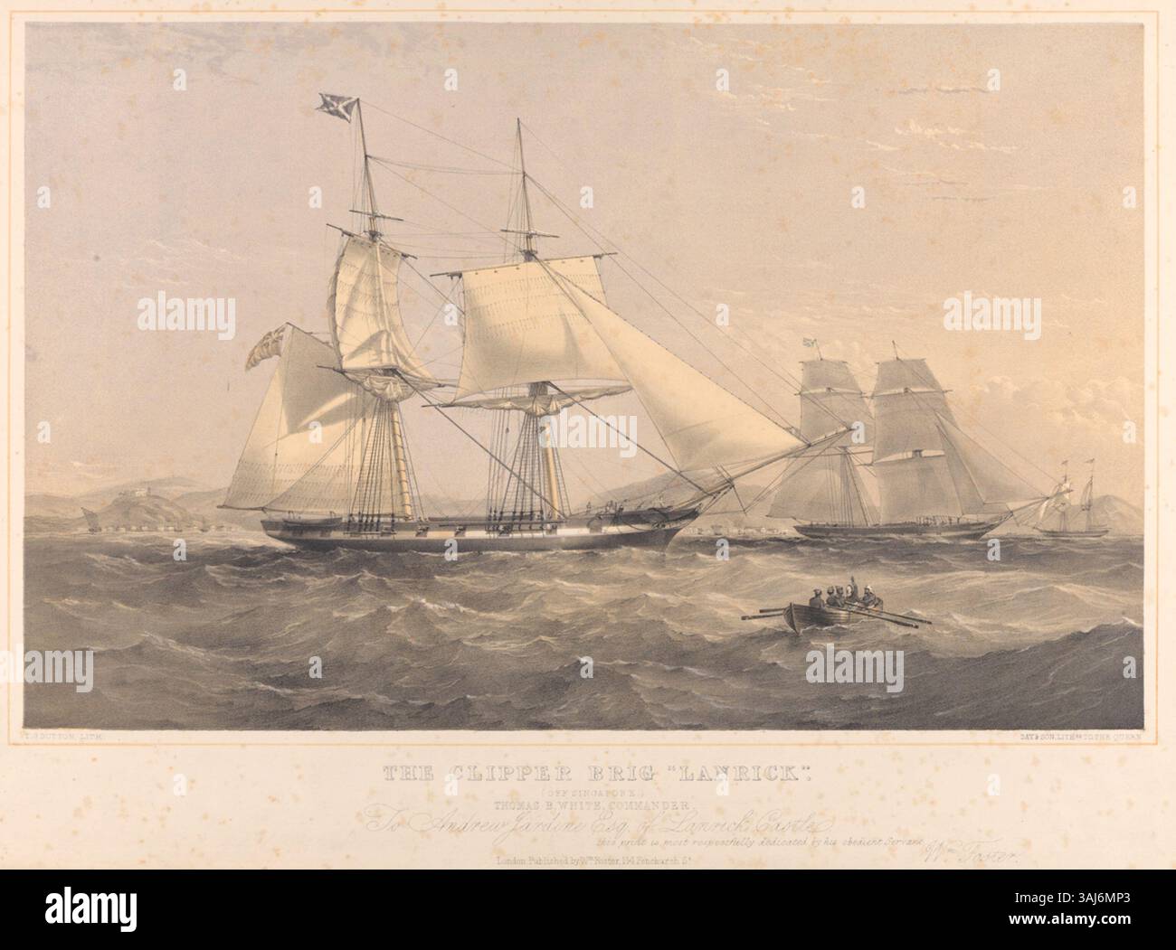 Le tondeuse à opium Lanrick, un brick à voile rapide, a été utilisé pour transporter l'opium de l'Inde vers la Chine au début du XIXe siècle. Ce commerce illégal a aidé à obtenir de l'argent pour les marchands de thé chinois, une partie essentielle du commerce entre la Chine et l'Europe ou l'Amérique. Plus petits que les tondeuses à thé, les tondeuses à opium étaient connues pour leur rapidité et leur efficacité dans la contrebande de marchandises. Banque D'Images