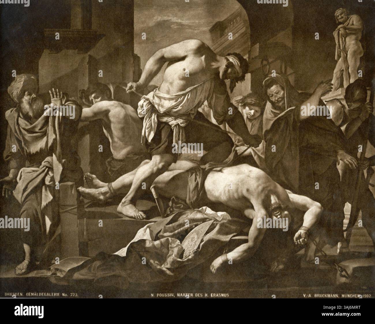 Le martyre de Saint Érasme de Nicolas Poussin, créé vers 1630, capture le martyre violent de Saint Érasme. Cette peinture à l'huile est un exemple puissant de religieux baroque compris Banque D'Images