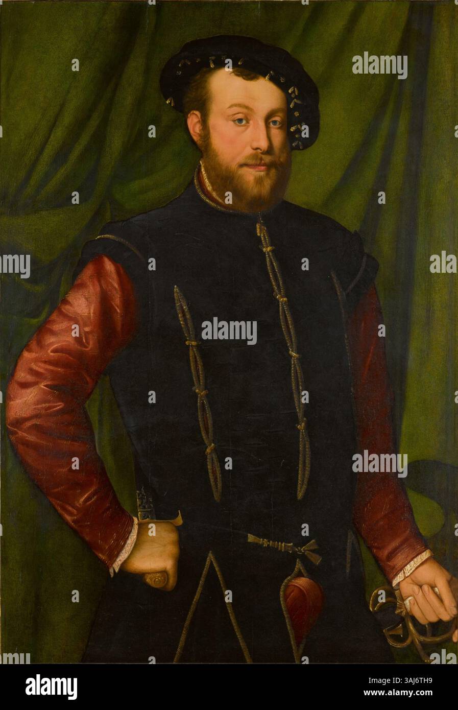 Ce portrait réalisé vers 1540 par Jan van Calcar représente un gentleman portant une casquette noire et une chemise rouge, tenant une épée et une poignard. La peinture à l'huile de trois quarts de long est exposée dans une collection privée, mettant en valeur le portrait détaillé de Calcar de la Renaissance. Banque D'Images