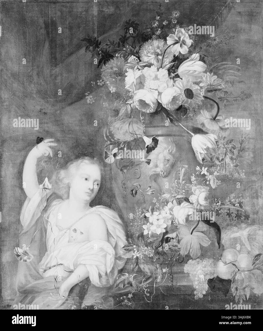 Cette nature morte, attribuée à Jean-Baptiste Monnoyer, a été peinte entre 1650 et 1699 et présente une urne de fleurs. L’huile sur toile fait partie de la Collection Royale, mettant en valeur l’expertise de l’artiste dans les arrangements floraux. Banque D'Images