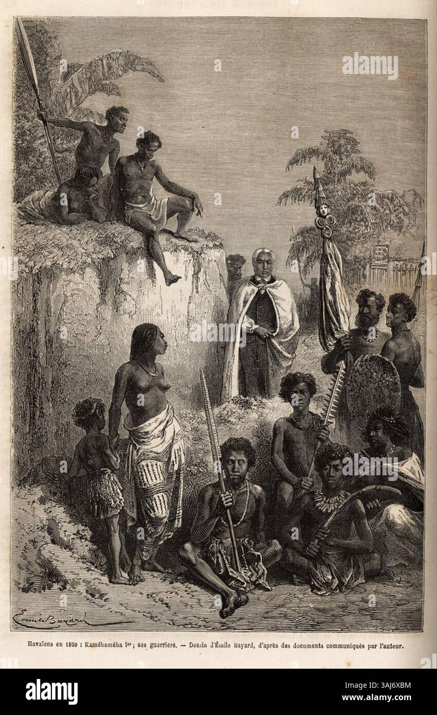 Un dessin d'Émile Bayard représentant le roi Kamehameha Ier et ses guerriers, basé sur des documents historiques. L'œuvre, créée vers 1870, capture le monarque hawaïen et ses soldats dans un contexte historique, montrant leur tenue et leurs armes. Banque D'Images