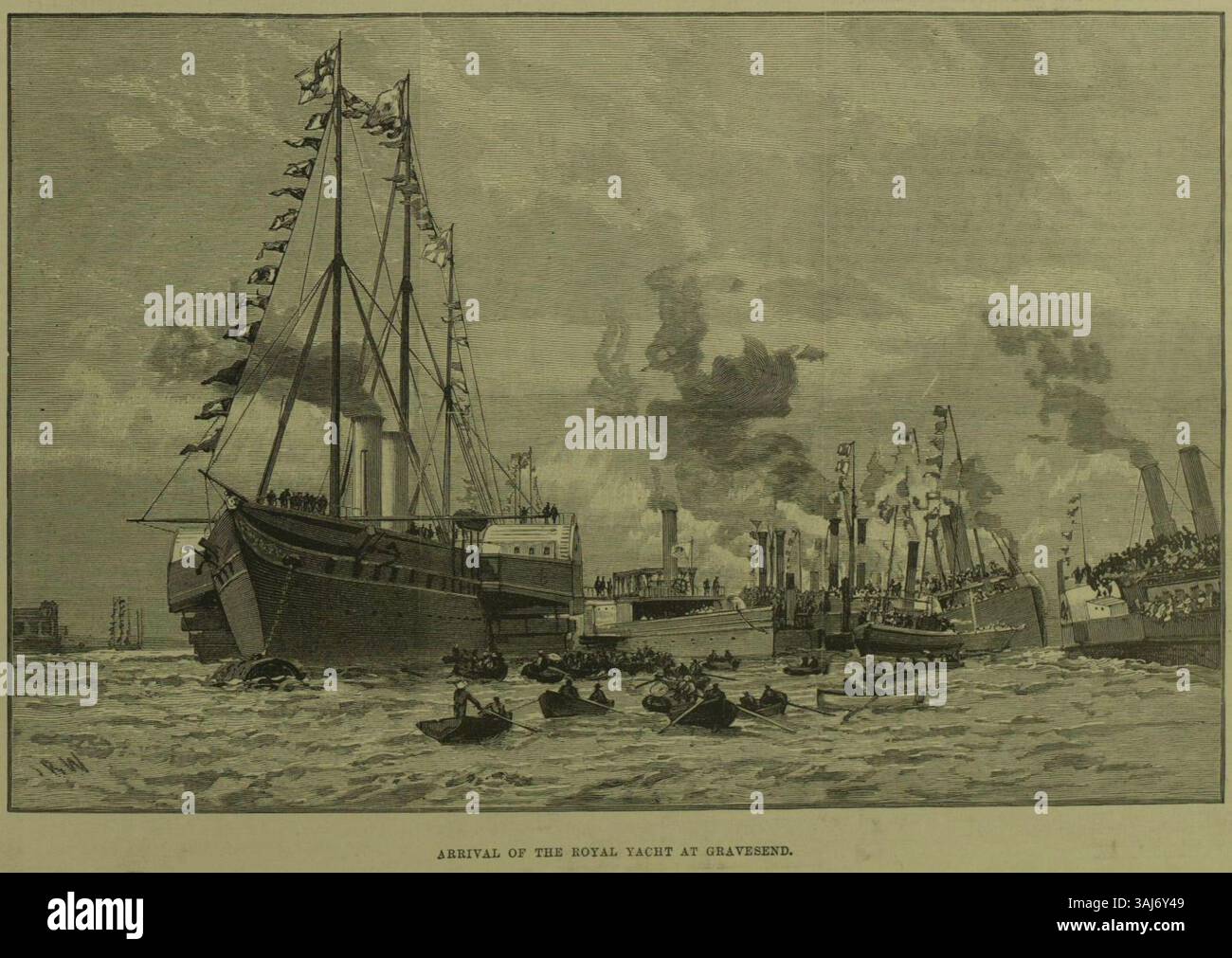 Cette gravure sur bois, publiée le 6 juillet 1889 dans Illustrated London News, représente l'arrivée du Royal Yacht à Gravesend, alors que sa Majesté le Shah se prépare à débarquer. L'illustration capture le moment de l'arrivée avec beaucoup de détails. Banque D'Images
