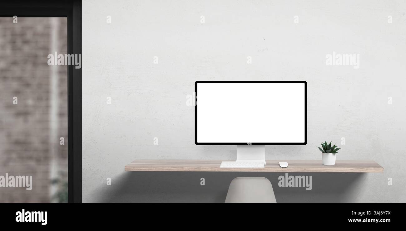 Maquette d'affichage d'ordinateur de bureau dans un espace de travail propre et plat, avec une seule plante sur le bureau et la porte du bureau sur la gauche, parfait pour le son écologique Banque D'Images