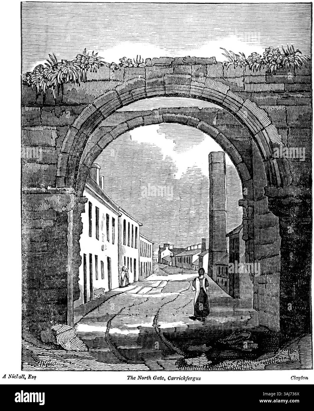Gravure de la porte Nord à Carrickfergus, Irlande, de 1833, publiée dans le Dublin Penny Journal, illustrant l'architecture historique. Banque D'Images Gravure de la porte Nord à Carrickfergus, Irlande, de 1833, publiée dans le Dublin Penny Journal, illustrant l'architecture historique. Banque D'Images