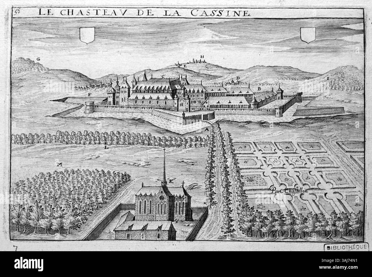 Une autre gravure du XVIe siècle de Claude Chastillon, intitulée « la Cassine », montrant sa technique méticuleuse et sa contribution à la gravure de la Renaissance française. Banque D'Images