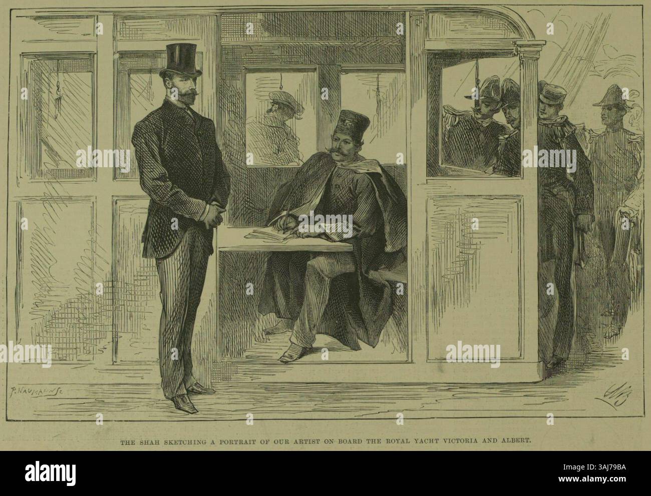 Naser al-DIN Shah Qajar esquisse un portrait de l'artiste à bord du Royal Yacht Victoria and Albert. Ce moment, capturé dans l'Illustrated London News, faisait partie de la tournée européenne du Shah en 1889. Banque D'Images