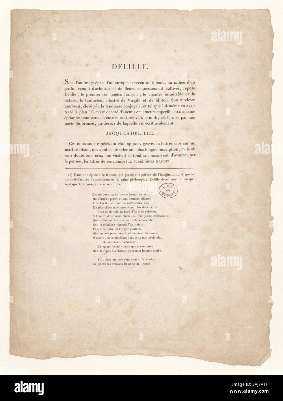 Imprimé décrivant la tombe de Jacques Delille, poète et académicien français. Ce document, qui fait partie de la collection Boyer, commémore son héritage et ses contributions à la littérature française. Banque D'Images