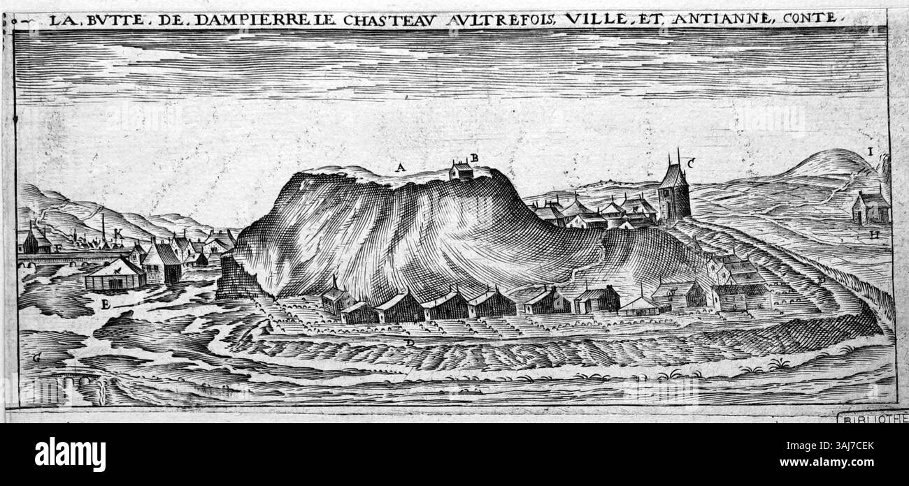 Cette pièce regravée de Claude Chastillon représente Dampierre, créée entre 1559 et 1616. Il s'agit d'une reproduction d'une scène historique, reflétant l'art et l'estampe français du XVIe siècle. Banque D'Images