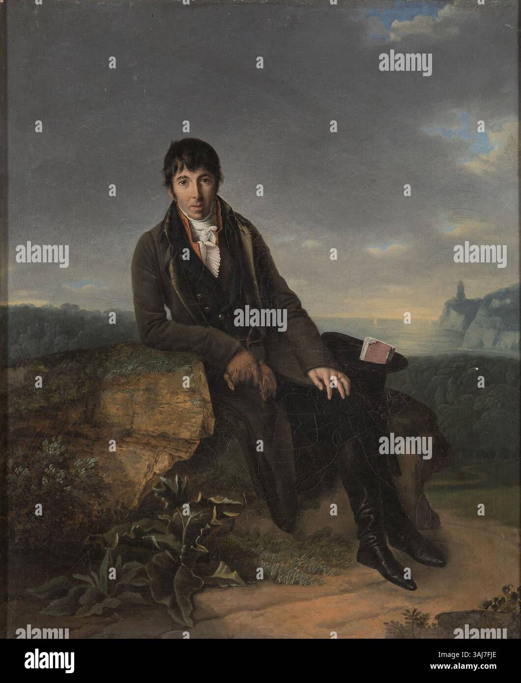 Un portrait d'Adèle Romany du début du XIXe siècle représente un homme habillé en chevalier, capturant le romantisme historique de l'époque. La peinture à l'huile sur toile est signée A. Romany. Banque D'Images