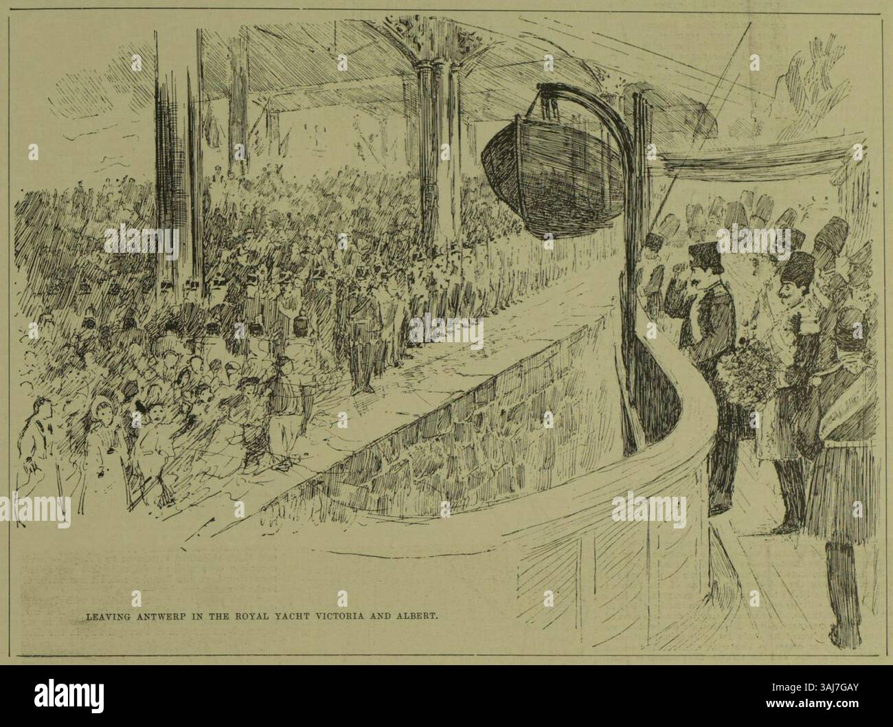 Le Shah quitte Anvers à bord du Royal Yacht Victoria and Albert. Ce moment, capturé dans l'Illustrated London News, met en valeur les adieux du Shah lors de sa tournée européenne de 1889. Banque D'Images
