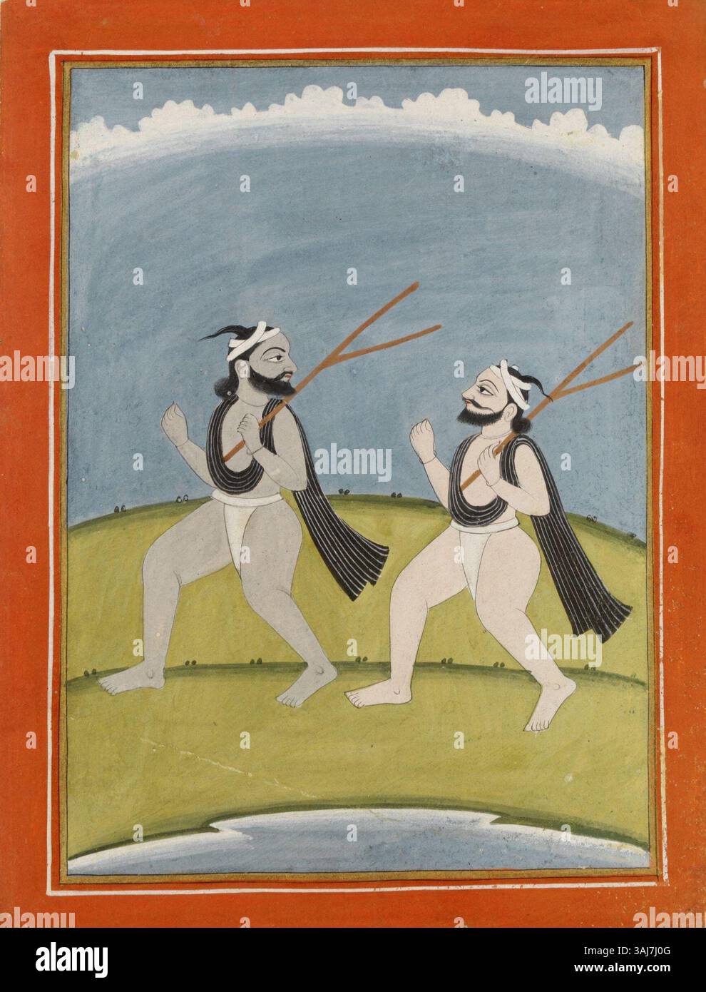 Cette aquarelle opaque du XIXe siècle représente deux cultivateurs Jat des plaines du Pendjab. Ils sont montrés marchant à travers un paysage dans une tenue blanche traditionnelle, probablement hindous, comme le suggère leurs cheveux coupés. L'œuvre d'art est typique de la région du Pendjab pendant les années 1840 Banque D'Images
