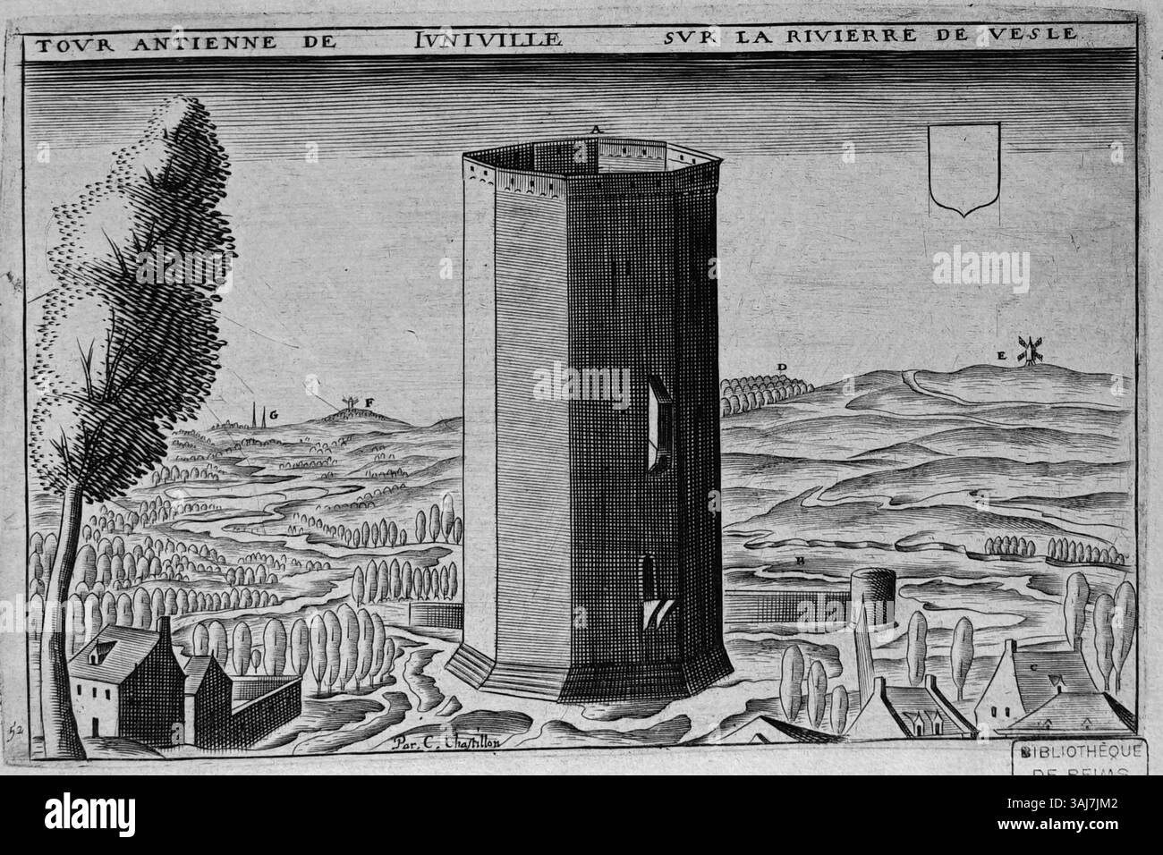 Cette réimpression de Claude Chastillon représente la ville de Juniville, mettant en valeur son style de gravure caractéristique. Connu pour capturer des vues architecturales et paysagères détaillées, le travail de Chastillon met en lumière le contexte historique du XVIe siècle. Banque D'Images