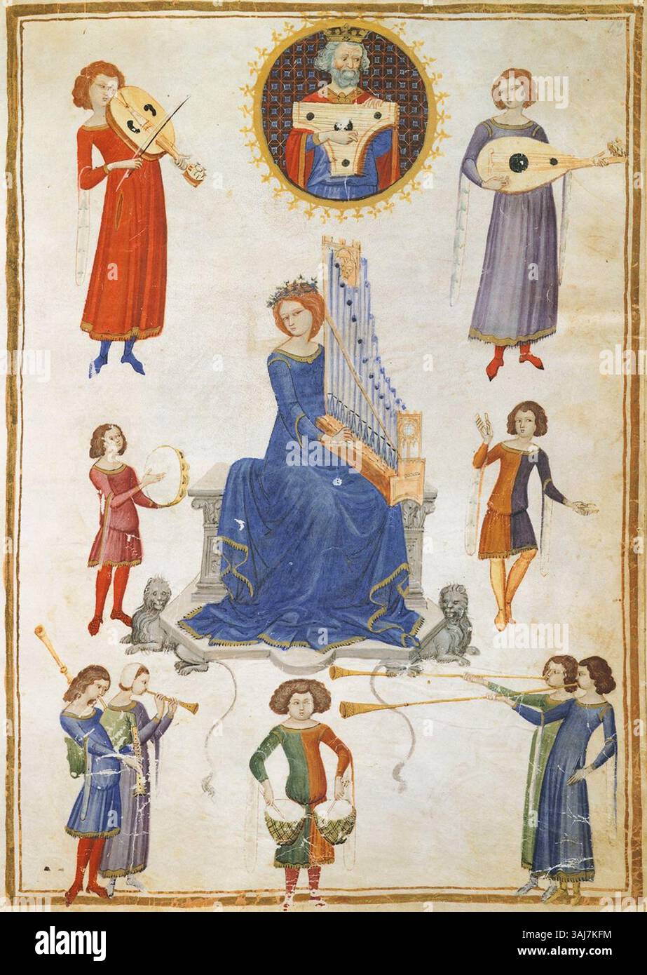 Cette illustration médiévale tirée du manuscrit de de Musica par Boethius, du XIVe siècle, représente le roi David avec son épouse Musica, entourés de musiciens. L'image incarne une allégorie de la musique et l'importance de la musique dans la société médiévale. Banque D'Images