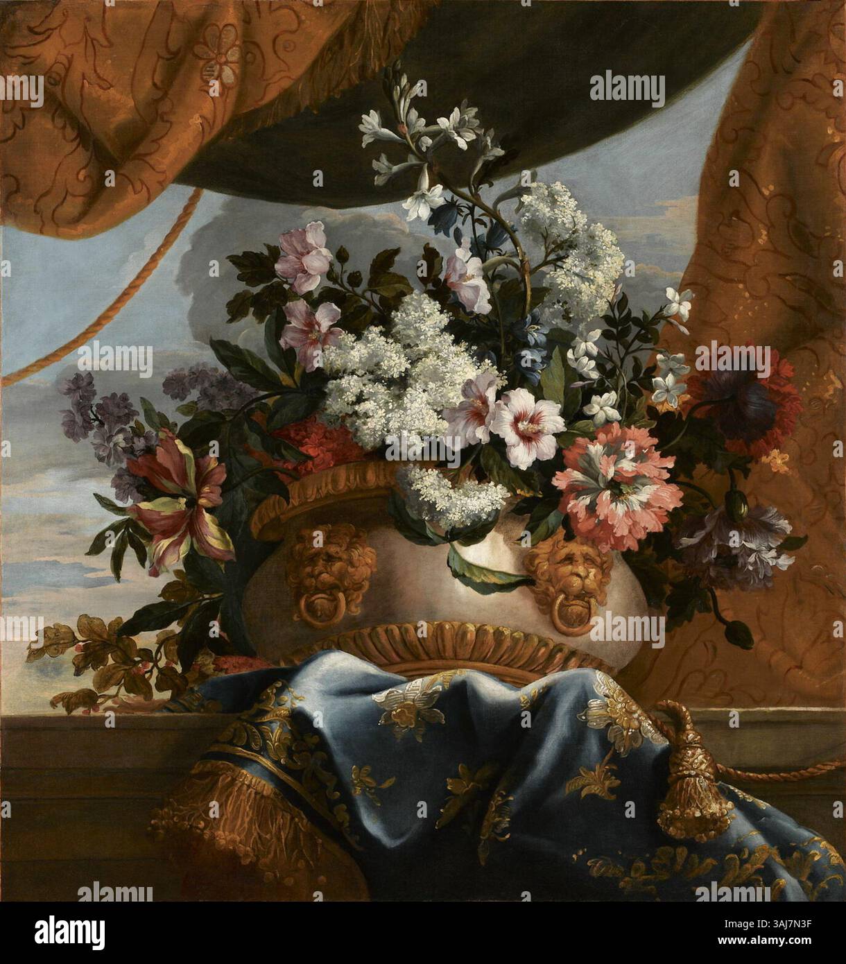 Ce tableau de natures mortes de Jean-Baptiste Monnoyer de 1656-1699 représente un vase en porcelaine rempli d'une variété de fleurs. Connu pour son expertise en natures mortes, Monnoyer capture les textures délicates et les couleurs vibrantes des fleurs. Banque D'Images