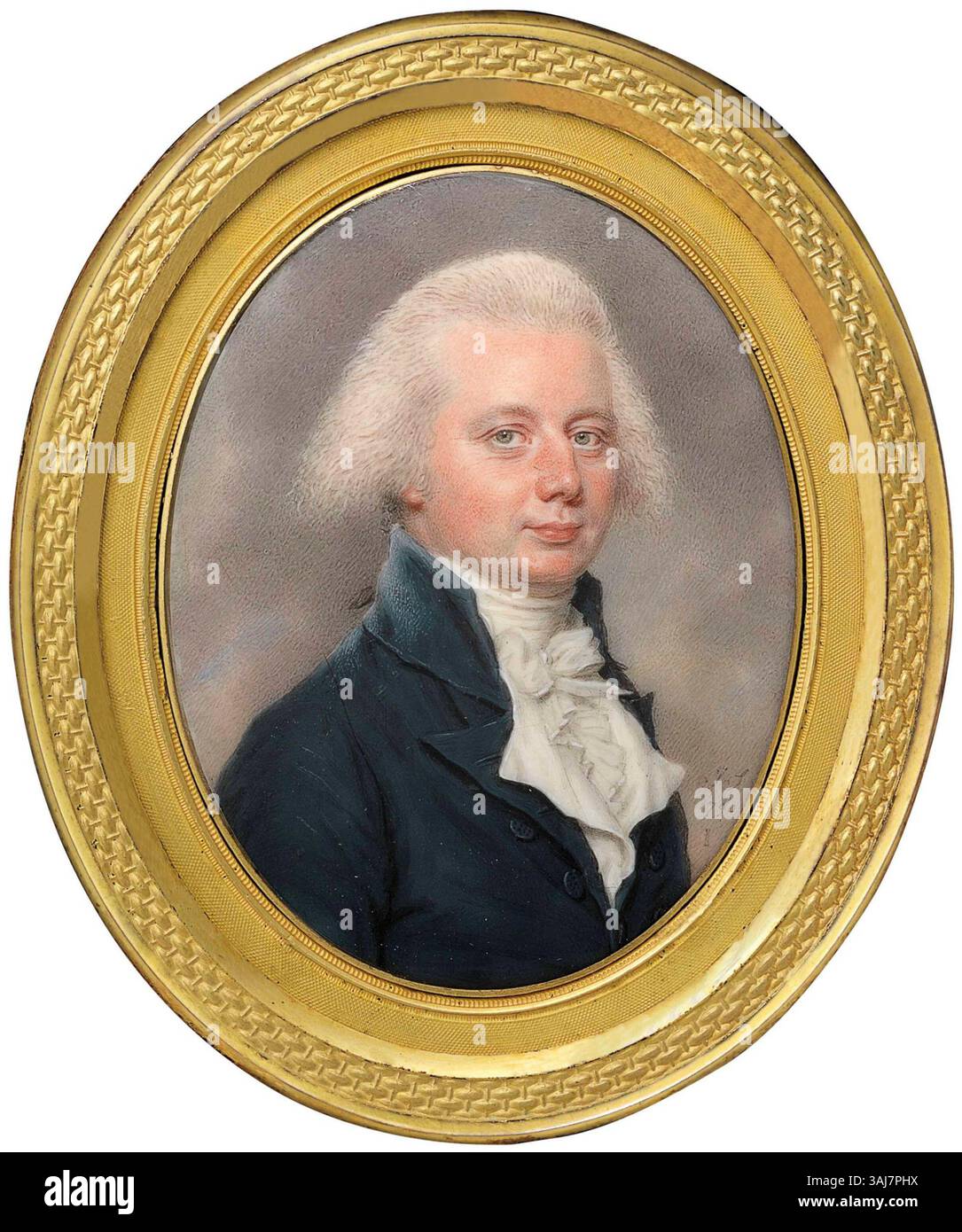 Portrait de Benjamin Roebuck (décédé en 1809) peint par John Smart en 1790. Roebuck, fils de l'industriel Dr John Roebuck, est représenté dans un manteau bleu sur ivoire. La miniature ovale est encadrée d'une monture en métal doré et inscrite avec son nom. Roebuck était un fonctionnaire britannique en Inde, et son portrait a été signé et daté par Smart. Banque D'Images