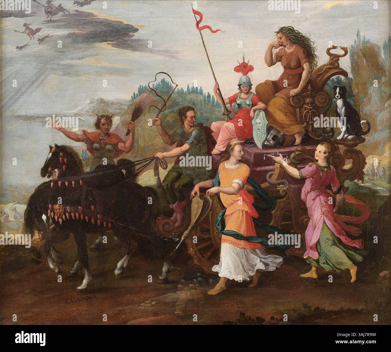 Cette peinture à l'huile du XVIIe siècle, 'Wagen der Invidia' (chariot d'Envy), reflète une puissante allégorie sur la nature destructrice de l'envie, probablement basée sur une gravure du XVIe siècle de Maarten van Heemskerck et Cornelis Cort. Banque D'Images