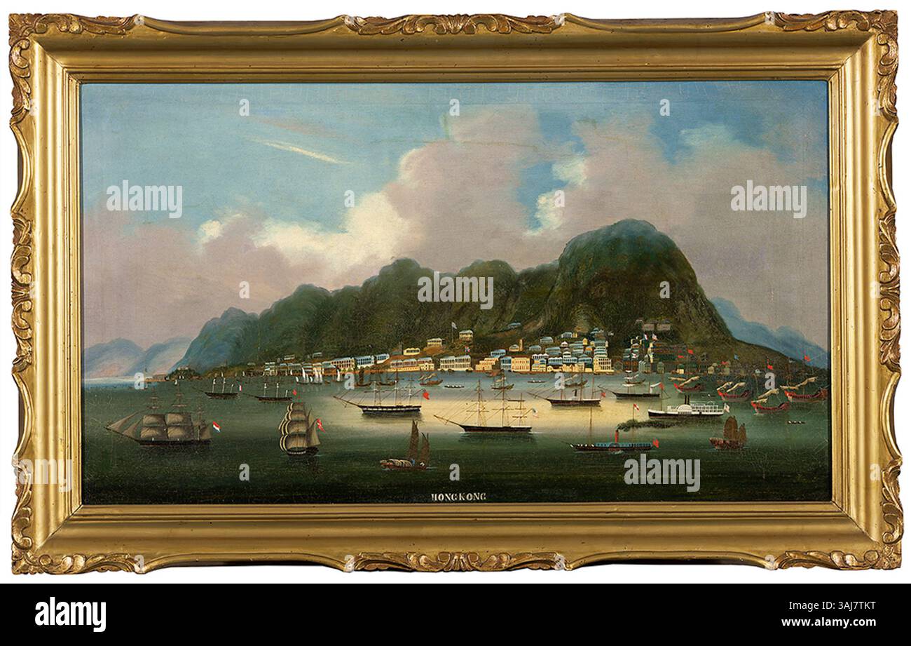 Le tableau 'Gezicht op Hong Kong', créé vers 1850, représente une vue panoramique de Hong Kong, mettant en valeur son port naturel et le paysage côtier. Il fait partie de la collection d'art marin du musée Groninger. Banque D'Images