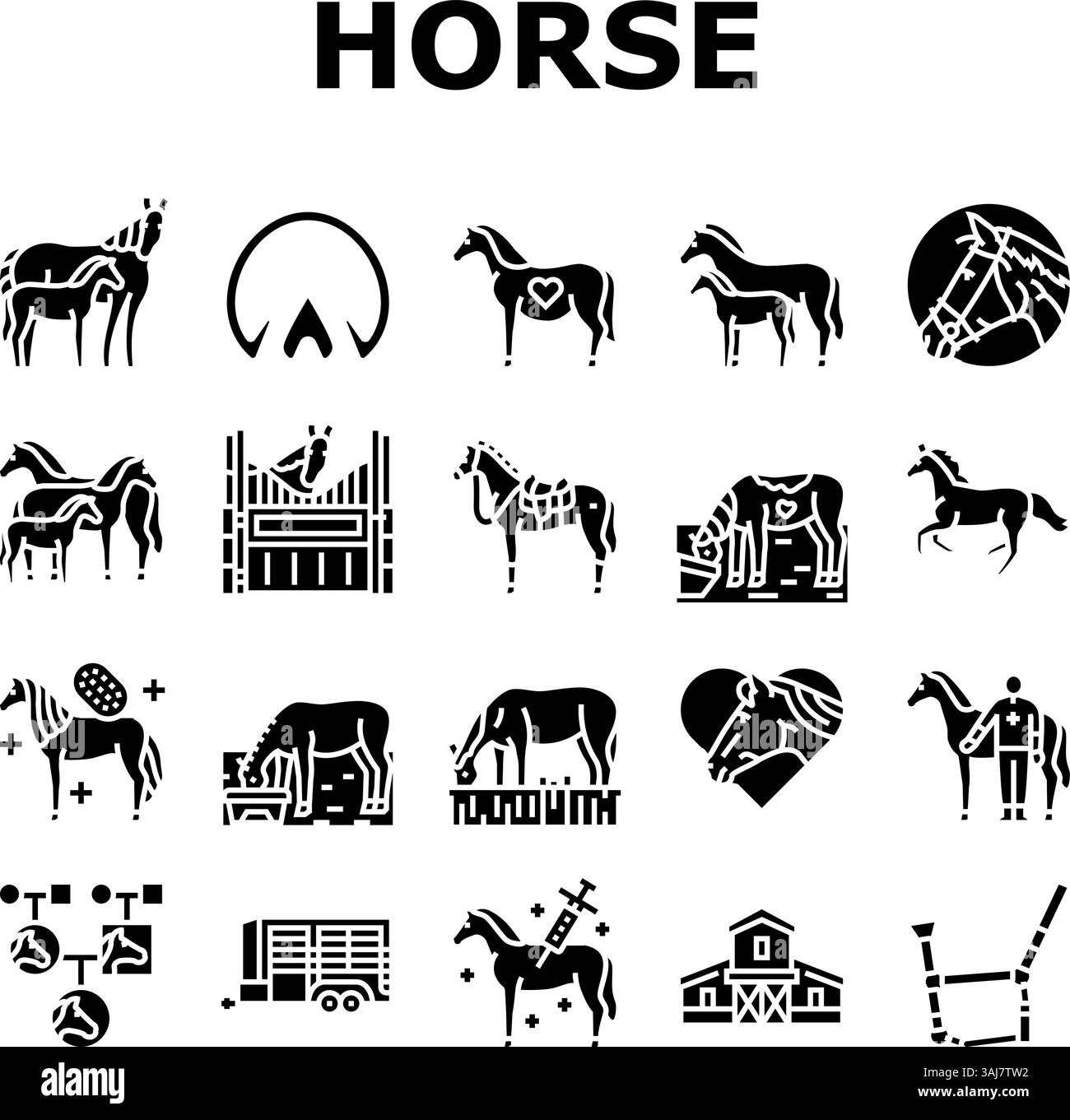 vecteur d'ensemble d'icônes équestres d'élevage de chevaux Illustration de Vecteur