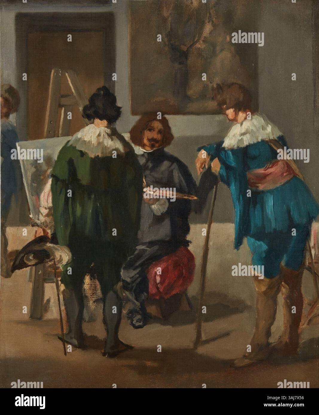 Le tableau de 1860-1862 d'Édouard Manet 'Velázquez scène d'atelier espagnol' représente un hommage à l'artiste espagnol Diego Velázquez, reflétant l'admiration de Manet pour le style de Velázquez, créant un dialogue entre le baroque français et espagnol Banque D'Images