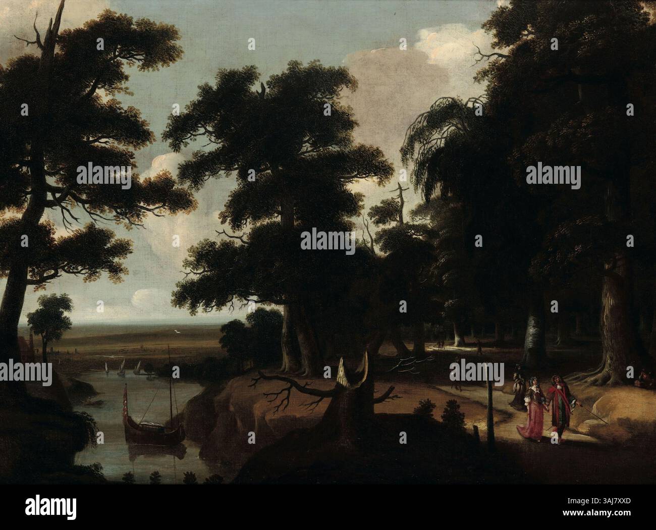 Cette peinture à l'huile du XVIIe siècle de Jacques Fouquier représente un paysage boisé serein près d'une rivière, mettant en valeur sa maîtrise du paysage intégré Banque D'Images