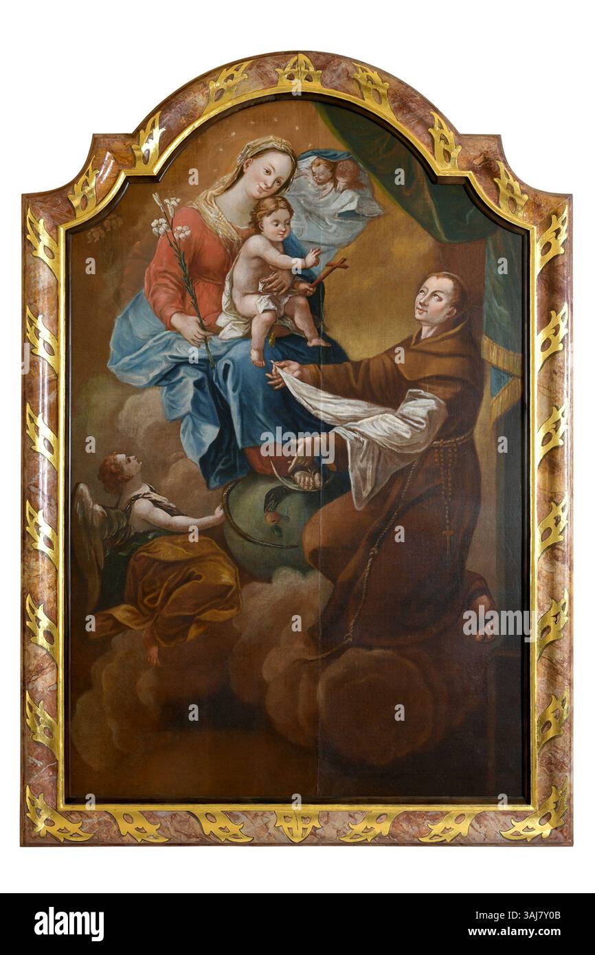 Le tableau 'Antoine de Padoue agenouillé devant la vision de Marie avec l'enfant' des années 1760 ou 1770, est une huile sur toile conservée au Musée slovène du christianisme. Il représente Antoine dans une posture de dévotion, témoignant de la Vierge Marie avec l'enfant Christ dans une vision. Banque D'Images