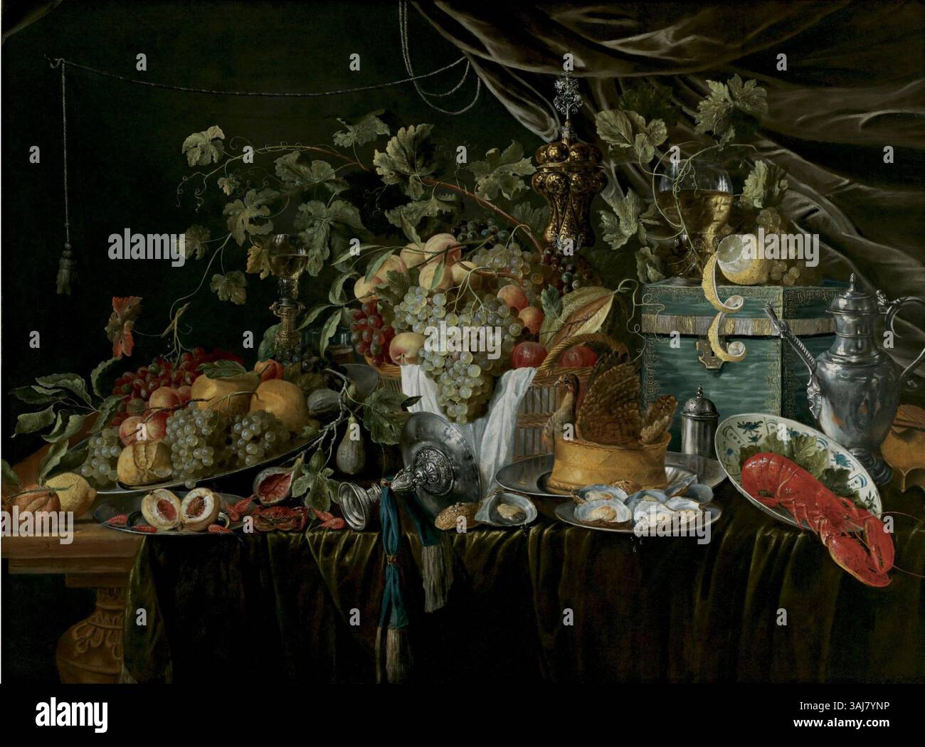 Cette peinture à l'huile du XVIIe siècle de W. Mertens représente un arrangement de natures mortes de fruits, de fruits de mer et de pâtisseries sur des assiettes d'étain. Le souci du détail et l’utilisation de la lumière par l’artiste mettent en évidence les textures somptueuses et la variété des objets, avec des restes de la signature de l’artiste visibles en bas à gauche. Banque D'Images