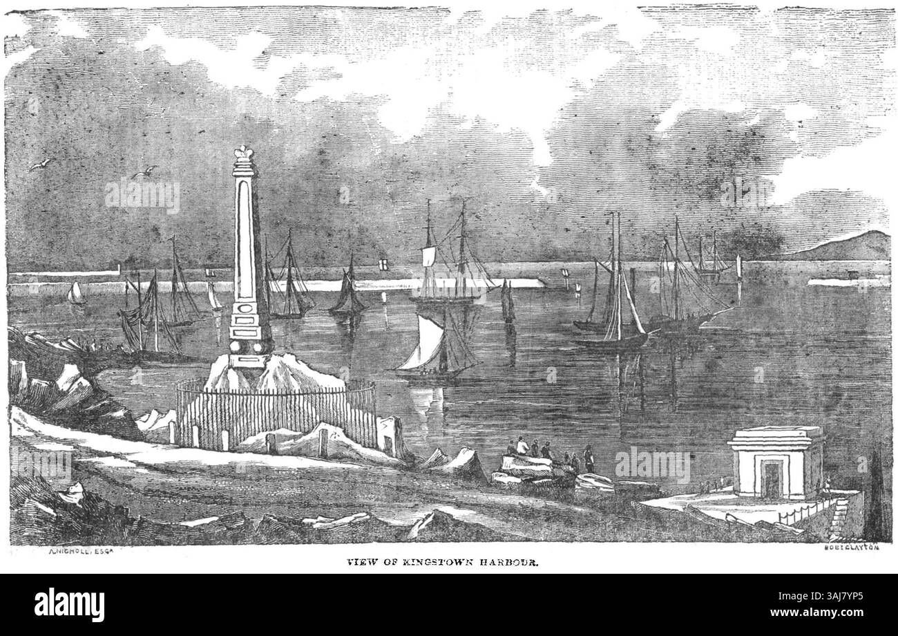 Cette représentation de 1834 du port de Kingstown, présentée dans le Dublin Penny Journal*, illustre le port animé, ses navires et la zone environnante de la ville. L'image capture le commerce maritime de Dublin au début du XIXe siècle. Banque D'Images