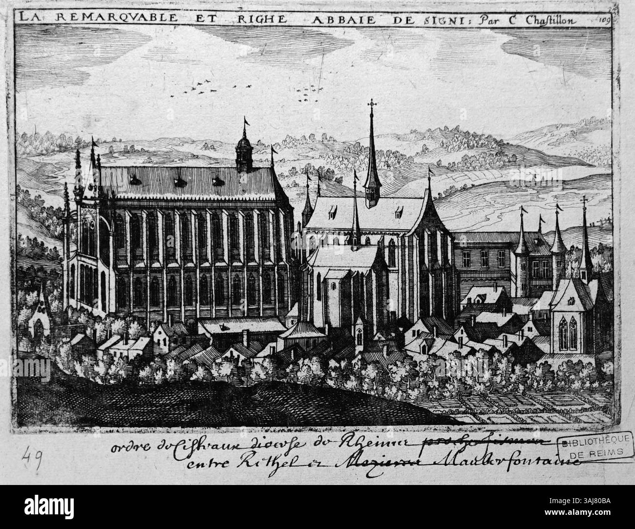 Cette gravure de Claude Chastillon (1559-1616), représentant Signy Abbaye, est reproduite ici. Il offre une représentation détaillée de l’architecture de l’abbaye et de son rôle historique dans la vie religieuse française à la Renaissance. Banque D'Images