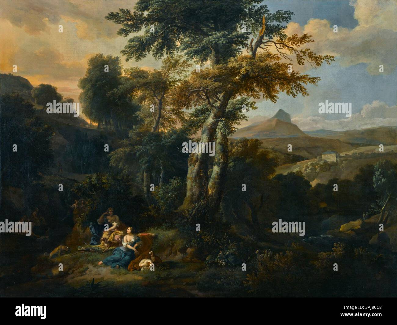 *Paysage avec Diana et ses Nymphes* de Johannes Glauber est une peinture à l'huile du XVIIe siècle représentant la déesse mythologique Diana et ses compagnons dans un paysage serein. L’œuvre capte les thèmes classiques de la nature et de la mythologie. Banque D'Images