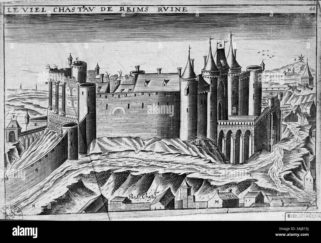 Claude Chastillon (1559-1616) réimpression d'une gravure mettant en valeur le château de Reims. Cette œuvre historique, créée avant 1905, est une reproduction d'une gravure française originale de Chastillon. Banque D'Images