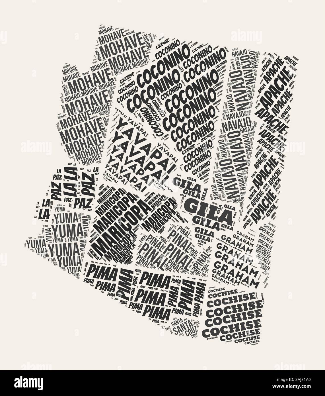 Arizona Word Cloud. État avec division des comtés. Arizona texte typographique nuages de conception d'image vectorielle. Image de forme d'état de style gazette vintage. Illustration de Vecteur