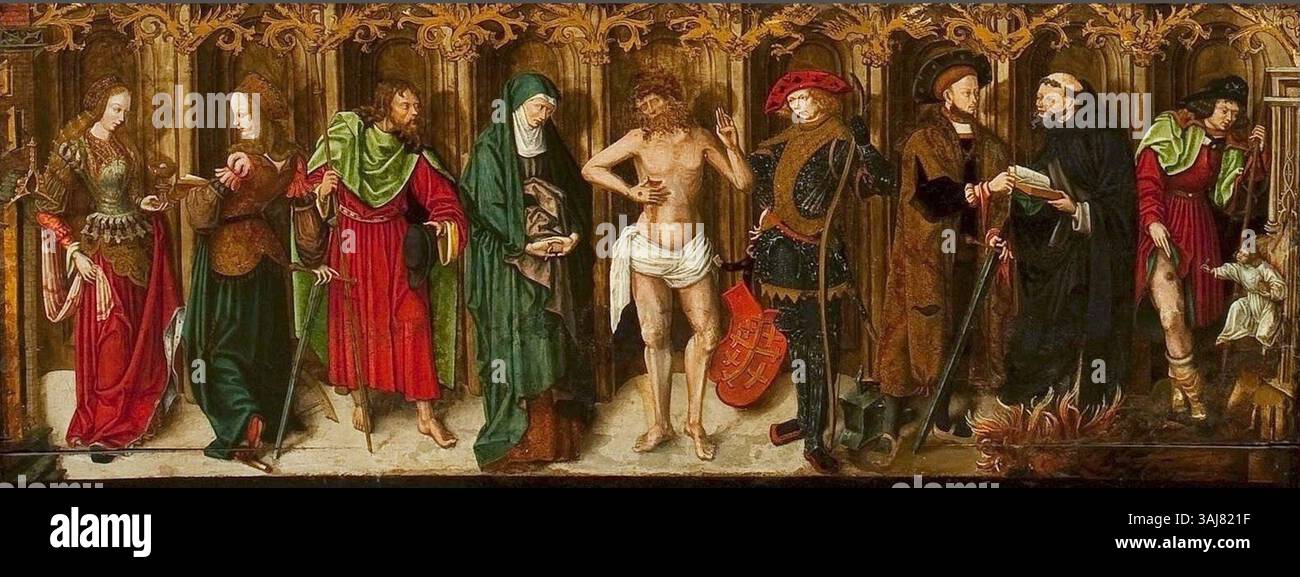 L’autel Saint Reinhold de Joos van Cleve (vers 1485-1541) dépeint des scènes de la vie et de la passion du Christ, y compris la présentation dans le Temple, le baptême du Christ et la Crucifixion. Le polyptyque, peint à tempera sur bois, est une œuvre religieuse majeure avant 1516. Banque D'Images