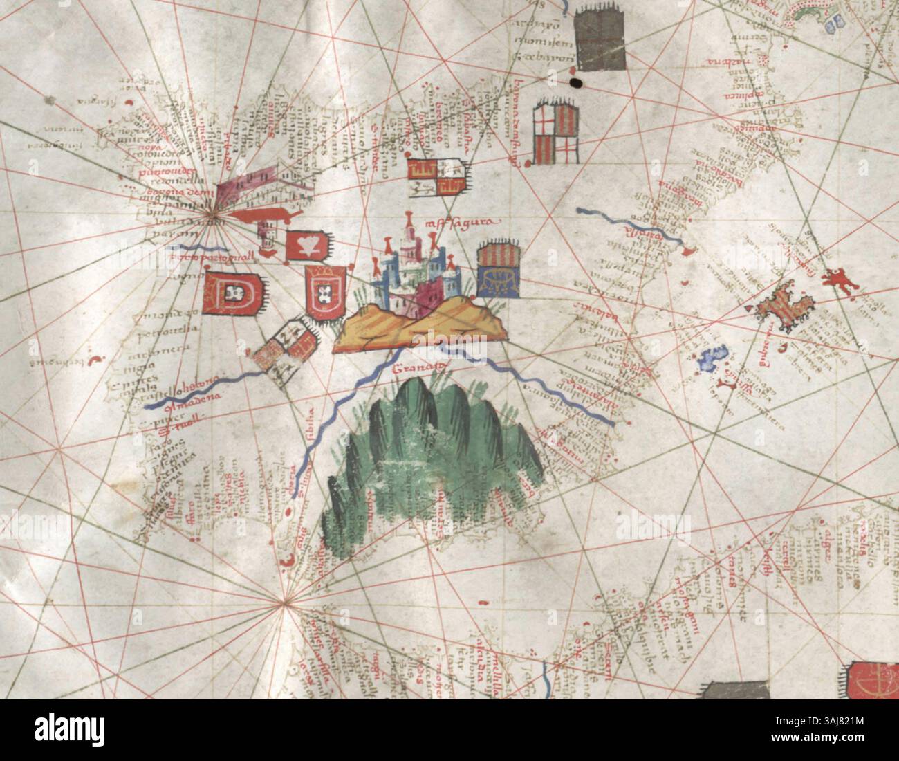 Une carte portolane de 1466 de Pere Rossell, montrant la péninsule ibérique, offrant une vue historique de la navigation méditerranéenne à la fin du moyen âge. Banque D'Images