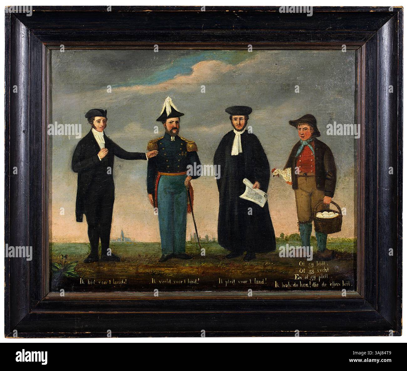 Tableau anonyme représentant un prédicateur, un officier, un avocat et un fermier avec un poulet, peint entre 1800 et 1850. La pièce représente des figures dans des vêtements d'époque, représentant différents rôles sociétaux. Banque D'Images