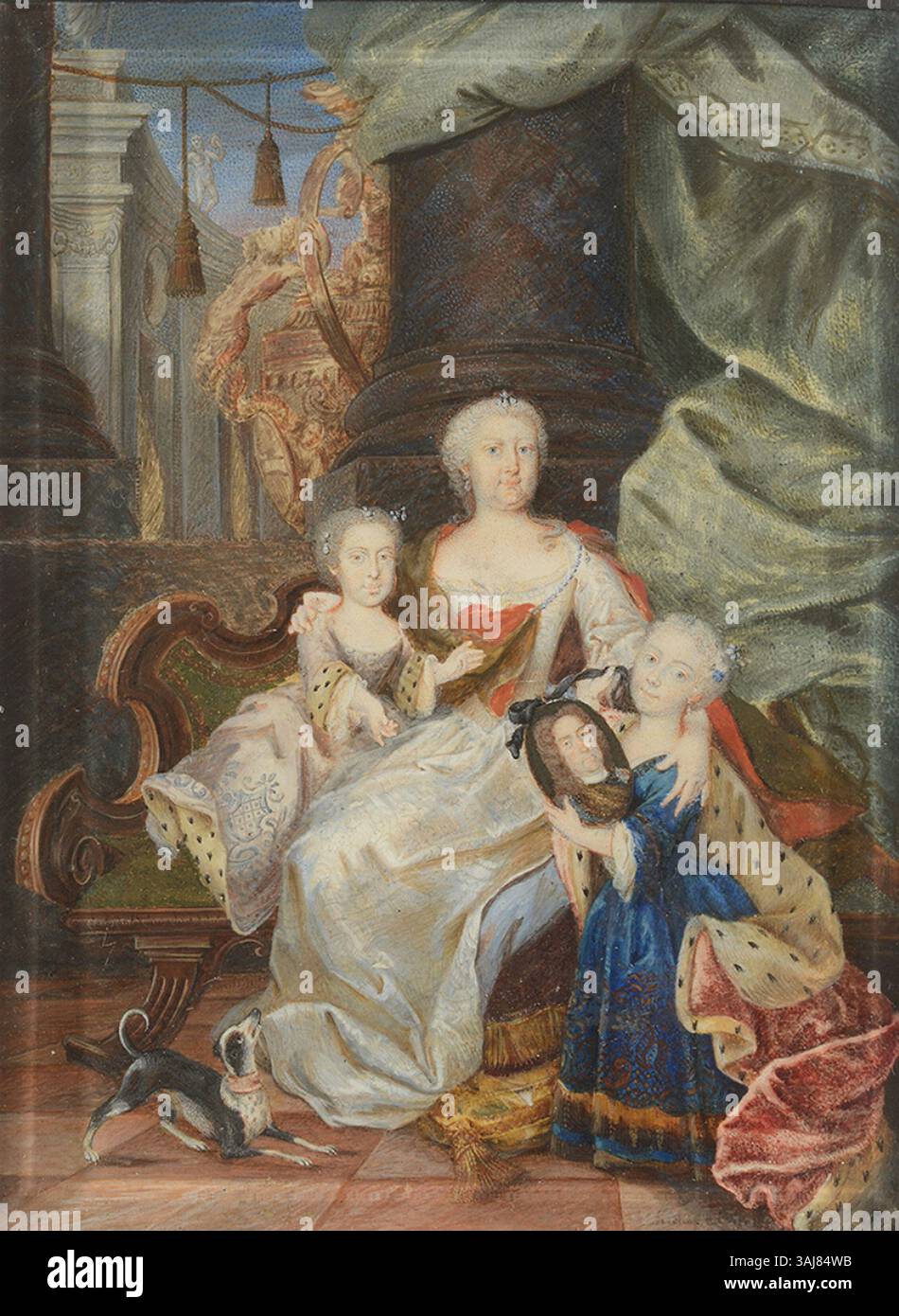 Aquarelle de Josef Anton Fischer représentant l'impératrice Elisabeth Christine avec ses filles, Maria Anna et Maria Theresa, vers 1722. La peinture est rendue sur vélin, capturant un moment de famille royale. Banque D'Images