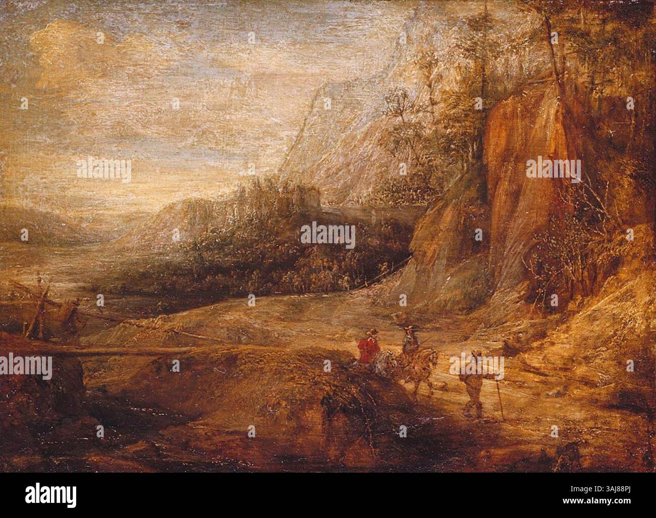 Horsemen in a Landscape, attribué à Paulus Bril, est une peinture à l'huile datant de 1630 à 1639, représentant des cavaliers dans un paysage serein. La scène combine des figures dynamiques avec la tranquillité de la nature, mettant en valeur la maîtrise de Bril des paysages spectaculaires. Banque D'Images