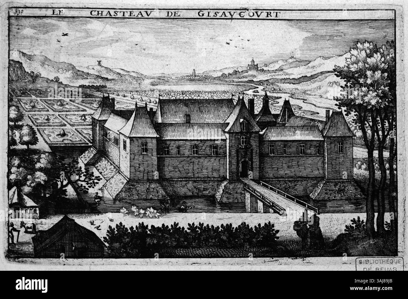 Cette gravure de Claude Chastillon est une réimpression de son œuvre originale représentant Gisaucourt. La technique détaillée et complexe de l’artiste illustre les caractéristiques architecturales et paysagères de la fin du XVIe siècle. Banque D'Images