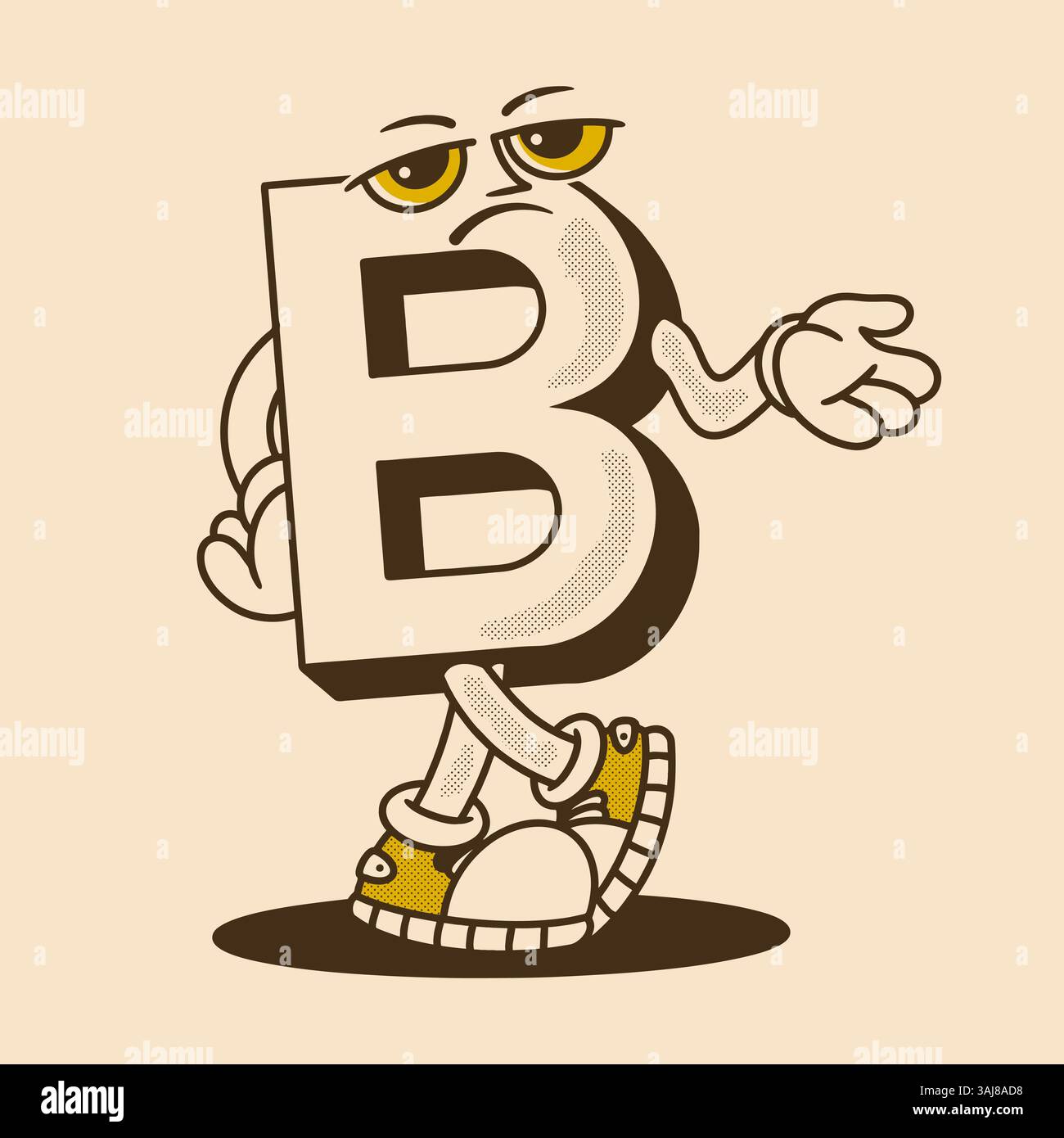 Lettre B mascotte caractère dans une expression déçue, dans des couleurs rétro Illustration de Vecteur