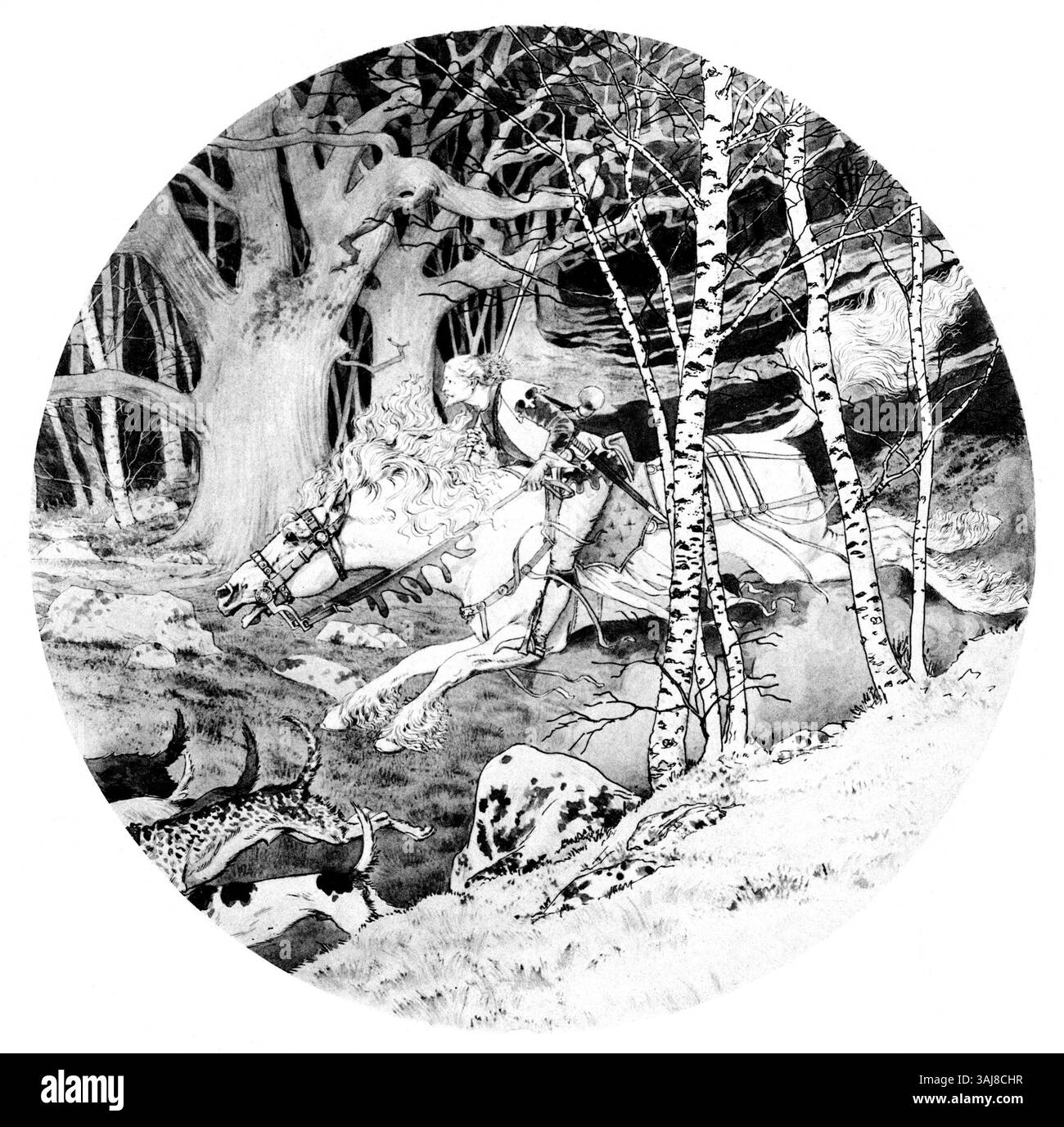 Estampe d'Eugène Grasset de 1889 représentant une scène d'action dynamique de l'opéra Esclarmonde de Massenet, montrant des personnages en mouvement. Le design de Charles Bianchini pour cette scène met l’accent sur l’énergie et le mouvement dans la mise en scène de l’opéra. Banque D'Images