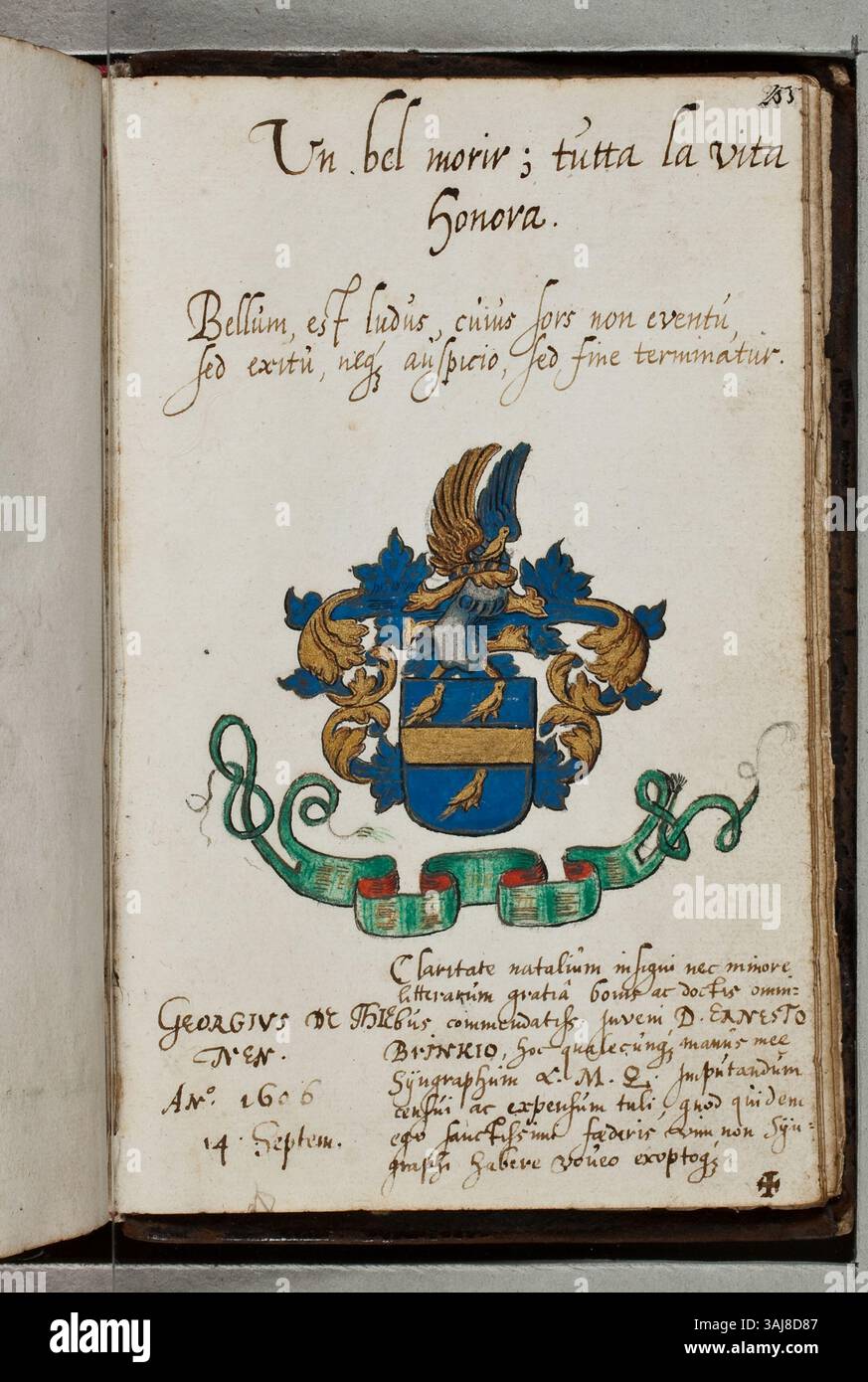 Georgius de Thienen, chanoine né vers 1583, a contribué à l’album amicorum d’Ernst Brinck. Sa contribution, conservée à la Bibliothèque nationale KB, reflète les liens théologiques et intellectuels du XVIe siècle. Banque D'Images