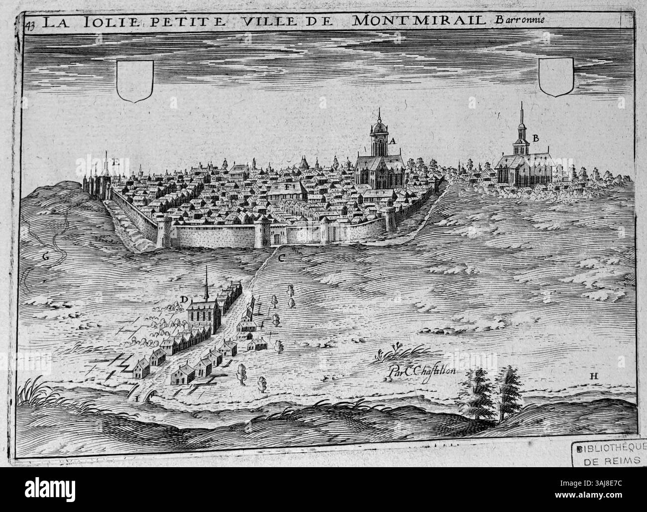 Claude Chastillon (1559-1616) a réalisé cette gravure de Montmirail, représentant la ville en France avec une signification historique, tirée d'une estampe antérieure. Banque D'Images