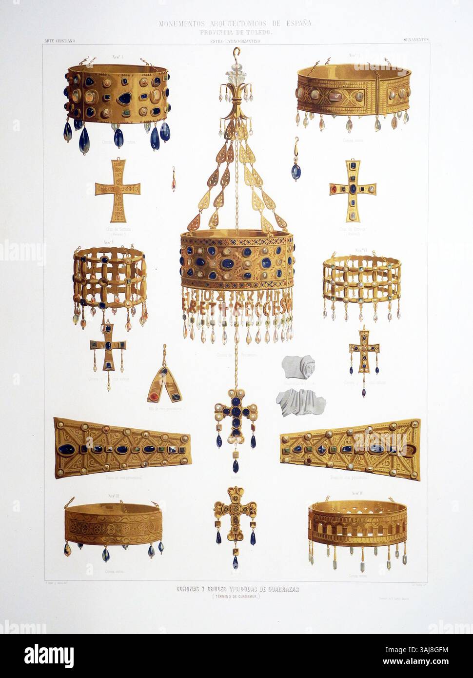 Un autre chromolithographe de Teófilo Rufflé, montrant des couronnes wisigothiques et des croix du trésor Guarrazar. Il illustre le savoir-faire et la conception complexes de ces symboles anciens, tels qu'ils ont été enregistrés en 1862-1864, d'après un dessin de Francisco Aznar y García. Banque D'Images