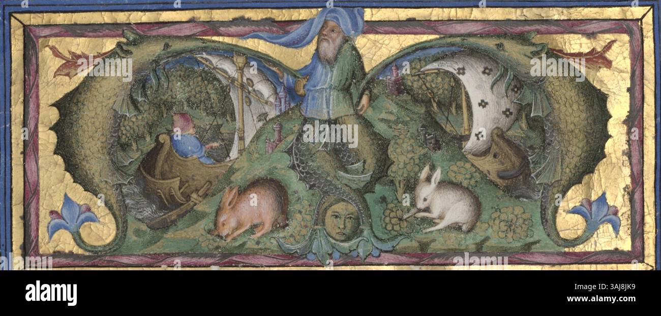 Cette œuvre de Belbello da Pavia, créée entre 1440 et 1450, présente un « M » initial illuminé représentant l'Annonciation. Il a été excisé d'un antiphonaire et est maintenant conservé au Cleveland Museum of Art, offrant un aperçu des religieux du XVe siècle Banque D'Images