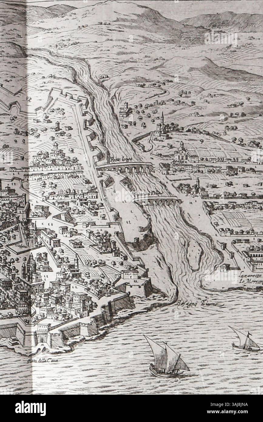 Cette carte, publiée en 1651, est une version mise à jour de la carte de Gênes d'Alessandro Baratta de 1637. Il comprend des caractéristiques simplifiées et une représentation détaillée de la rivière Besagno. La gravure, probablement de Dominique barrière, a été réalisée par Giovanni Giacomo de Rossi. Banque D'Images