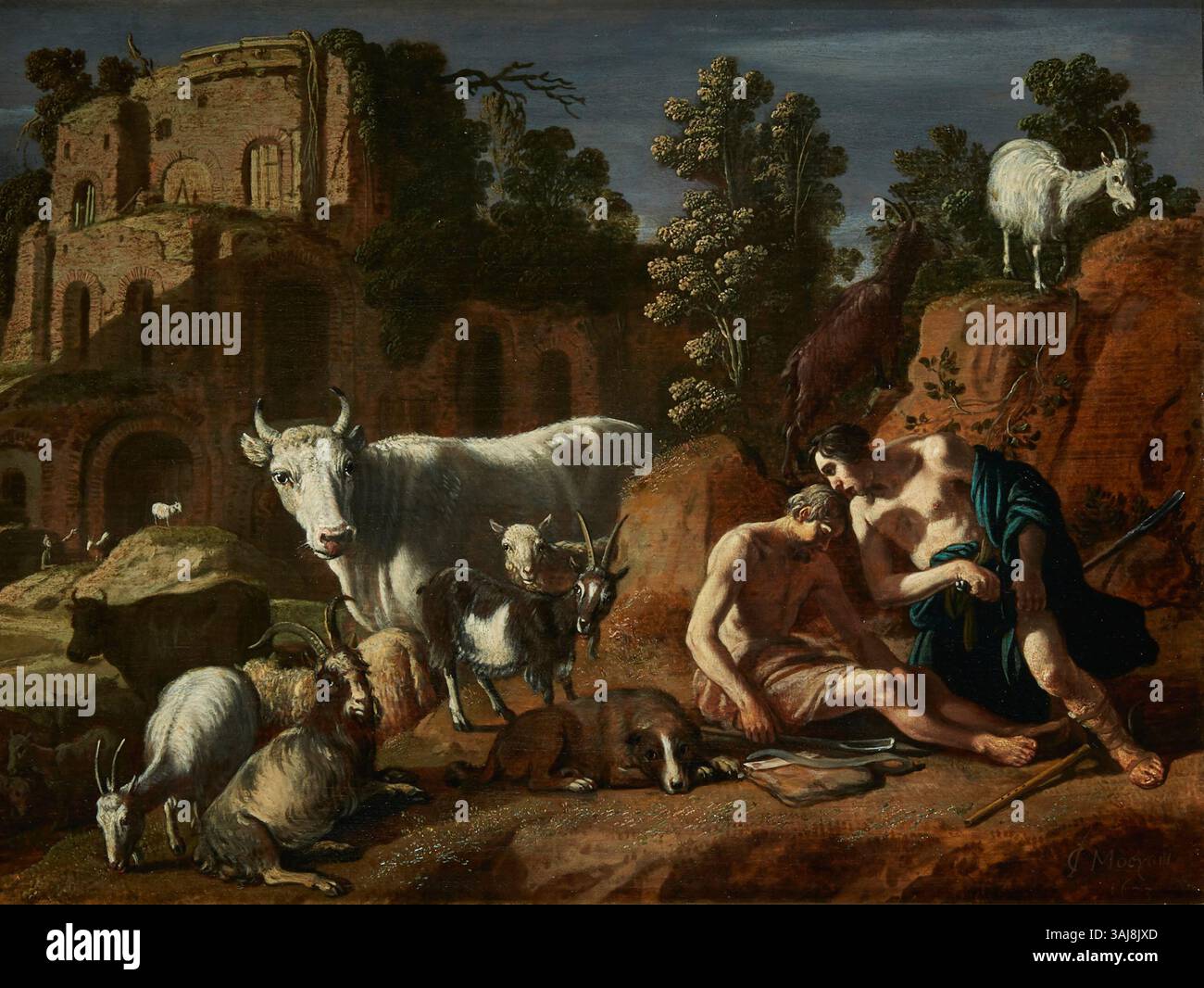 Le tableau de Claes Moeyaert de 1623 illustre la scène mythologique de Mercure se préparant à décapiter l’Argus endormi, entouré d’animaux dans un paysage naturel. La pièce huile sur panneau représente la mythologie classique, un sujet commun dans le baroque hollandais Banque D'Images