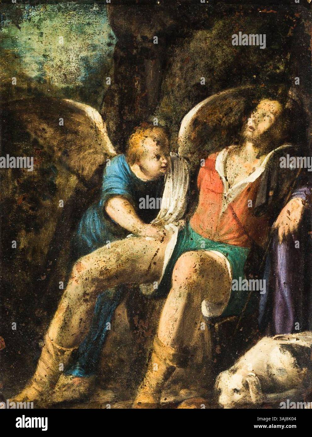 Peinture allemande du XVIIe siècle représentant Saint Rochus avec un ange, créée au début des années 1600 L'œuvre est un exemple de peinture à l'huile religieuse sur cuivre. Banque D'Images